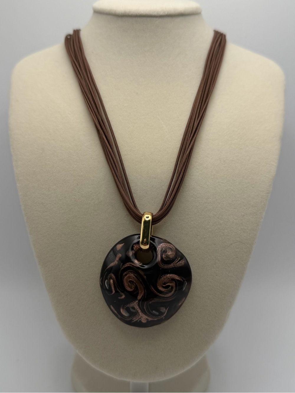 Black Brown Swirl Art Glass Pendant Necklace Multi Strand Cord Statement Jewelry